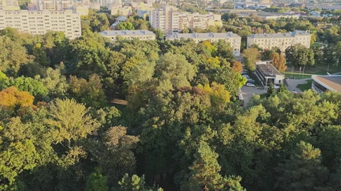 High angle view of a city with a large green park in the foreground. Sunlight Stock Footage 345679474
