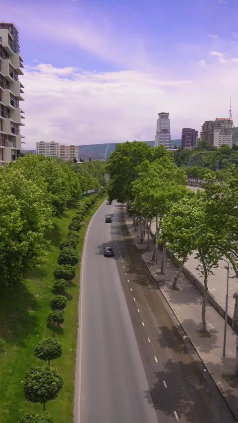 High angle view of city traffic driving along green urban road 库存影片 337880964