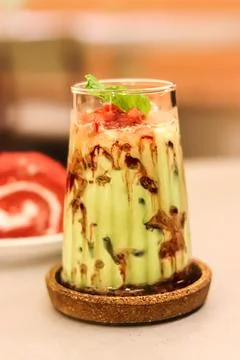 High-angle view of close-up of Juice with avocado on table Stock Photos