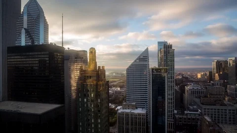 High Angle View of Clouds Passing Over Downtown Chicago at Sunrise Video stock 76640009
