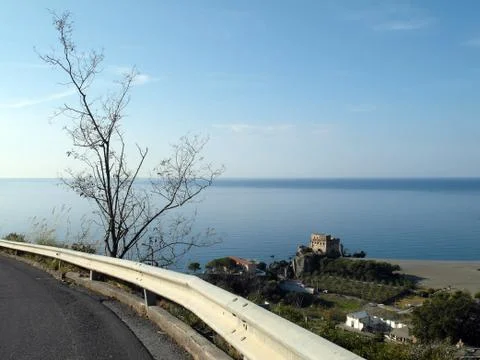 High angle view of the coastal tower of Praia a Mare street Foto stock
