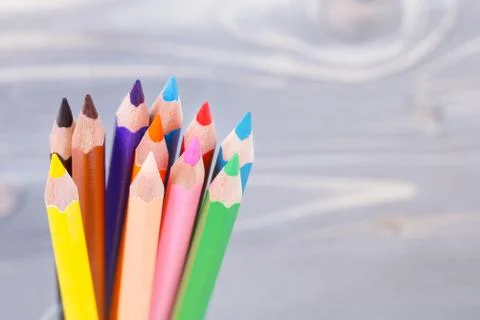High angle view on colored pencils. Macro shot. Stock-Fotos
