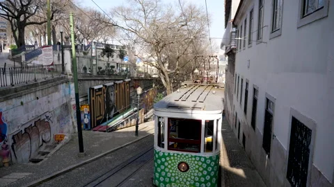 High angle view of colorful funicular in Lisbon, Portugal on a sunny day Video stock 131942537