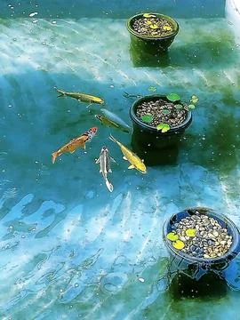 High angle view of colorful koi fish swimming in a clear backyard pond Stock Photos