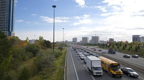 High angle view of the colourful Don Valley Parkway traffic in autumn Stock Photos