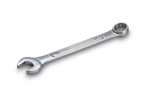 High angle view of combination wrench or spanner isolated on white background. Foto stock