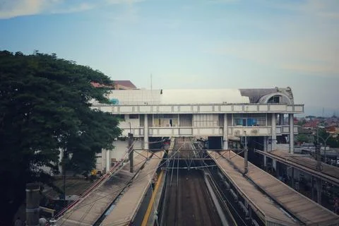 High angle view of a Commuter train arriving at train station. Stock Photos