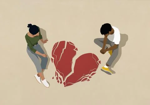 High angle view couple looking down at broken heart on beige background Ilustração Stock