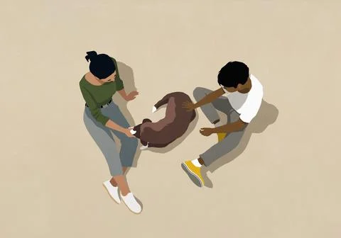 High angle view couple petting brown dog on beige background Ilustração Stock