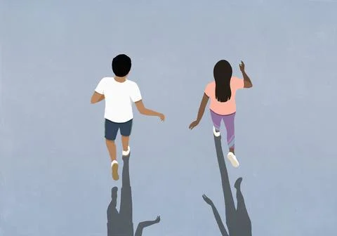 High angle view couple running on blue background Ilustração Stock