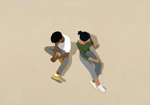 High angle view couple sitting back to back on beige background Stockillustratie