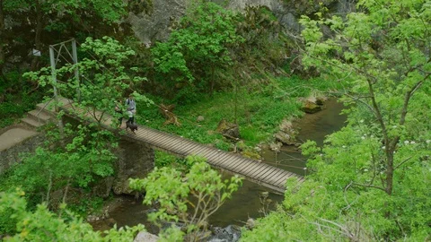 High angle view of a couple walking on a bridge Stock Footage 99962591