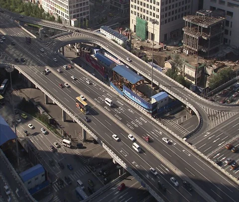 High angle view of criss crossing roads and ramps through central Beijing Video stock 86745117