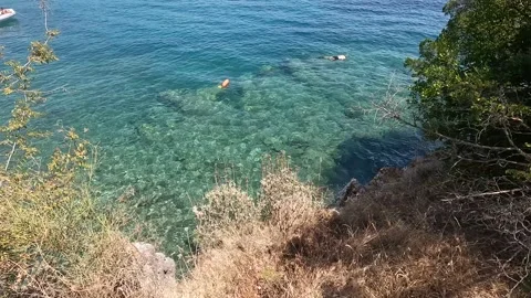 High Angle View of Crystal Clear Turquoise Water and Rocky Shoreline Stock Footage 329103235