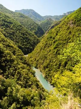High angle view of the crystal clear Shala River canyon in Albania Stock Photos