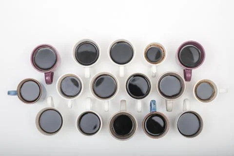 High angle view cups of coffee assortment on white backgroung Stock Photos
