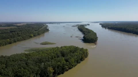 High angle view of Danube River flooding, forests covered in water, 4k Stock Footage 342939272