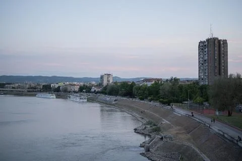 High-angle view of the Danube River and promenade in Novi Sad, Serbia Stock Photos