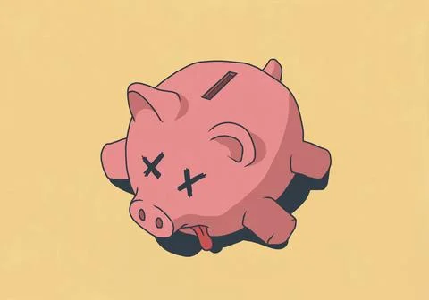 High angle view of dead piggy bank collapsed on yellow background Stock Illustration