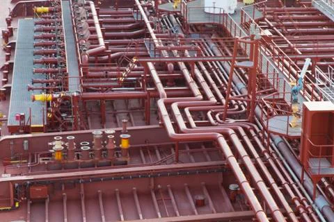 High angle view of deck piping on oil tanker ship Stock Photos