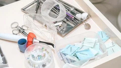 High angle view of dental instruments, burs, protective glasses, and steel tr Stock Photos
