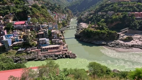 High-angle view of Devprayag Sangam, the sacred confluence of Alaknanda and.. Stock Footage 337642261