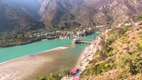 High Angle View Of Dhari Devi Temple On Emerald Alaknanda River Stock Footage 340904772