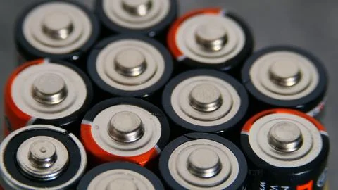 High Angle View Of Different Type Of Used Batteries Foto stock