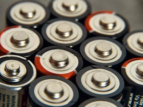 High angle view of different types of used batteries Foto stock