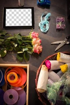 High angle view of digital tablet and flowers Stock Illustration