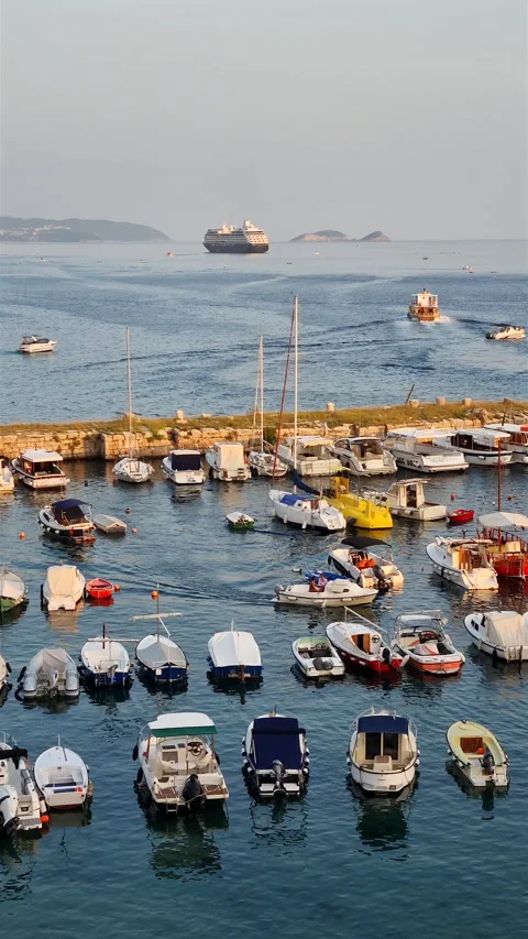 High angle view of docked boats in Dubrovnik old port. Stock Footage 339749598