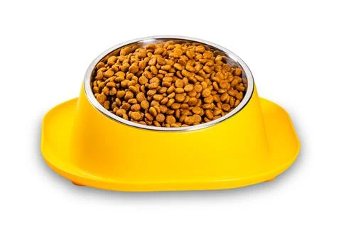 High angle view of Dog and Cat food bowl with kibbles. Stock Photos