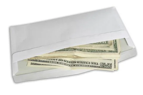 High angle view of dollar bills in white envelope isolated on white background Stock Photos