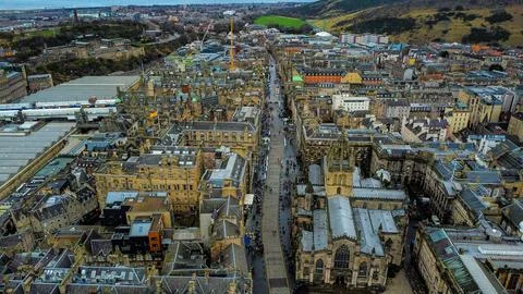 High-Angle View Down the Royal Mile with Holyrood Park in Background Stock Photos