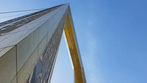 High angle view of Dubai Frame, the biggest golden picture frame, architectural Stock Footage 112026085