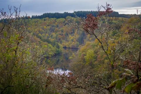 High angle view during autumn on river Ourthe in the Ardennes of Wallonia, Be Stock Photos
