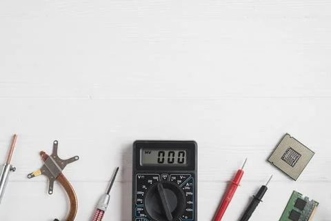 High angle view electronic tools with computer chips wooden background Stock Photos