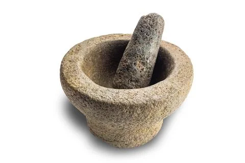 High angle view of empty rock mortar with pestle isolated on white background Stock Photos