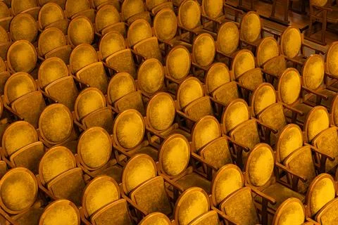 High angle view of empty vintage velvet chairs in a theater hall 스톡 사진