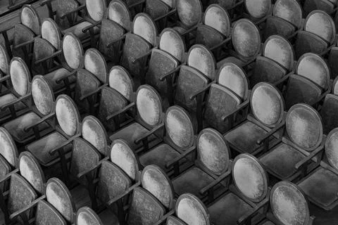 High angle view of empty vintage velvet chairs in a theater hall 스톡 사진