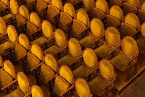 High angle view of empty vintage velvet chairs in a theater hall 스톡 사진