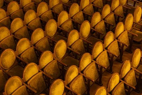 High angle view of empty vintage velvet chairs in a theater hall 스톡 사진