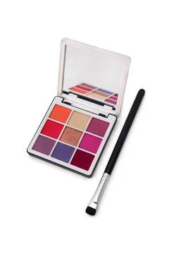 High angle view of eye shadow palette and brush Stock-Fotos