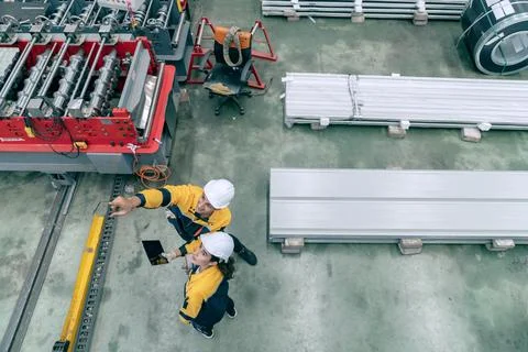 High angle view of factory engineer using digital tablet in warehouse. 스톡 사진