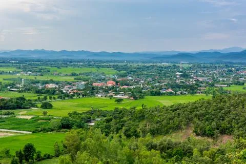 High angle view of fields and villages. Stock-Fotos