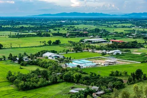 High angle view of fields and villages. Stock-Fotos