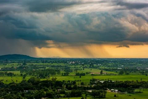 High angle view of fields and villages, on rainy days. Fotos Stock