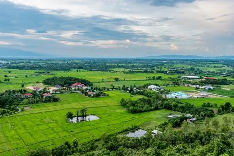 High angle view of fields and villages. Stock Photos