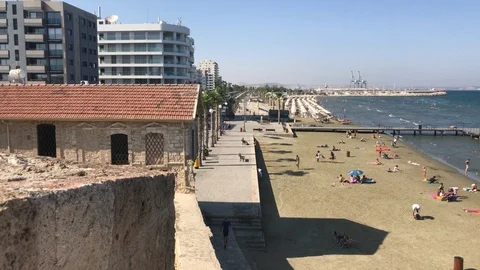 High Angle View of Finikoudes beach and Pier in Larnaca Stock Footage 90412140