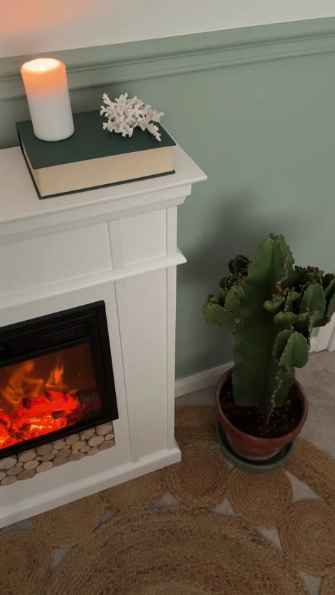 High angle view of fireplace with burning flames, candle and potted cactus Video stock 346172456